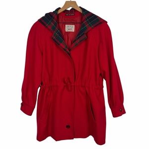 AVOCA Womens 100% Irish Wool Red Jacket Coat Tartan Plaid Accents Hood Large
